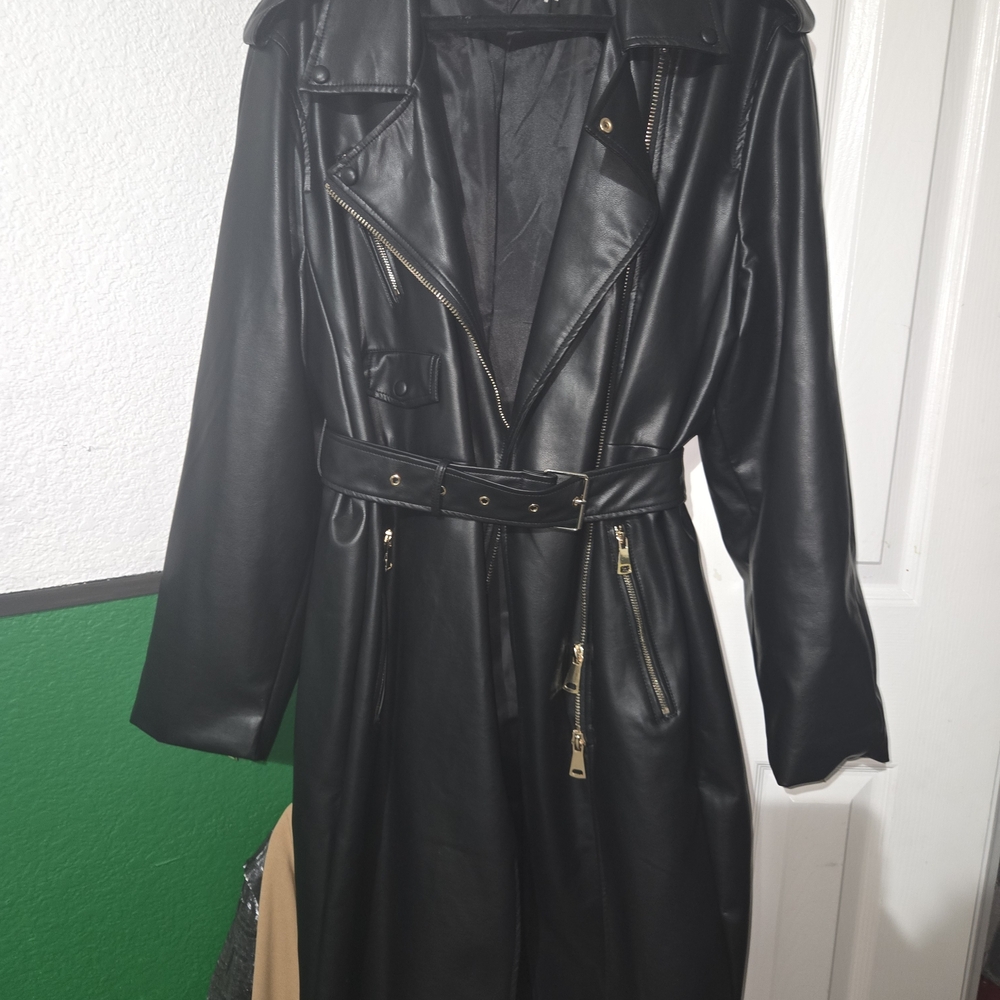 Dex Black Belted Faux Leather Trench Coat With Gold Accents. Size XL